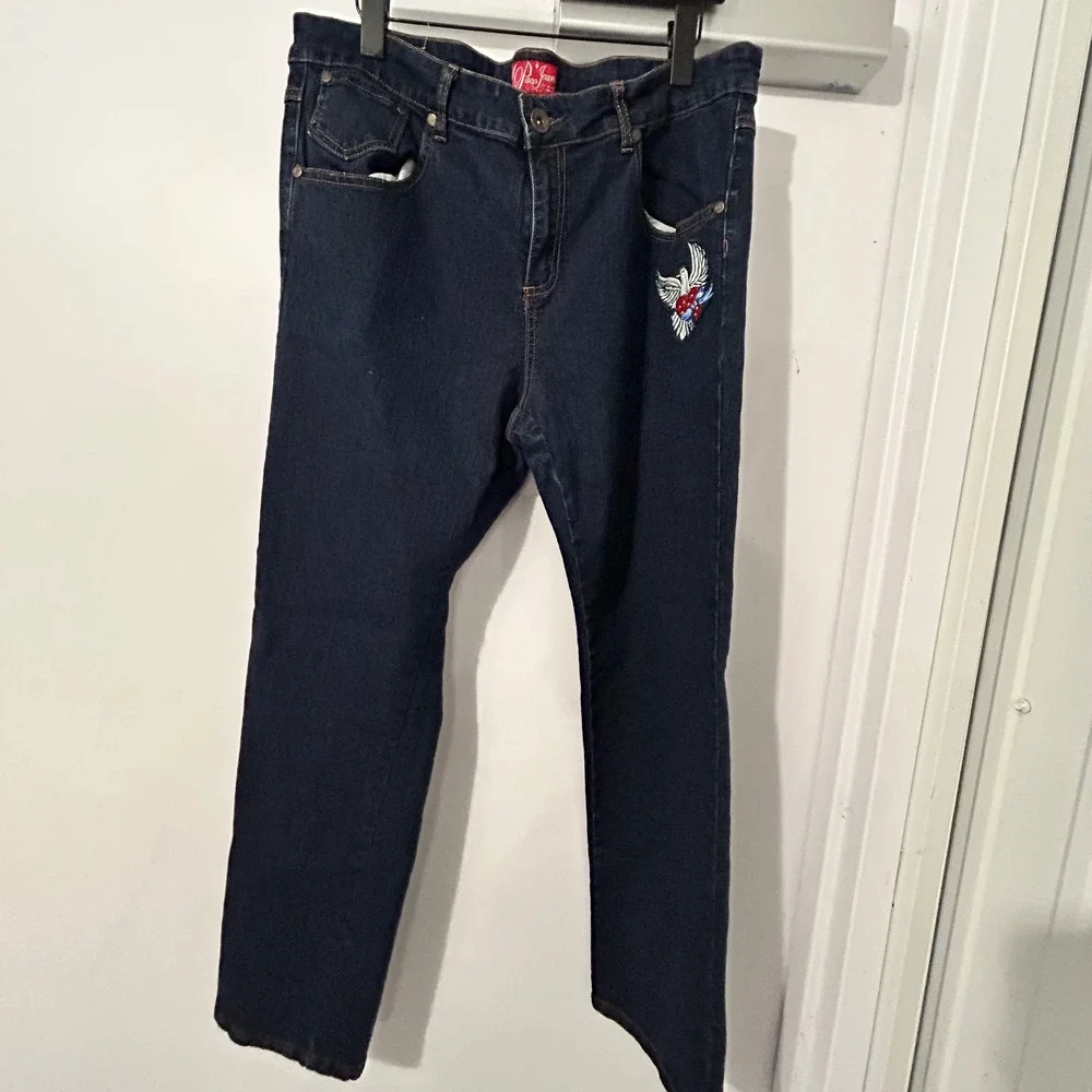 Paco Jeans Mens Dark Wash Embroidered Dove Heart Streetwear Straight Leg Jeans